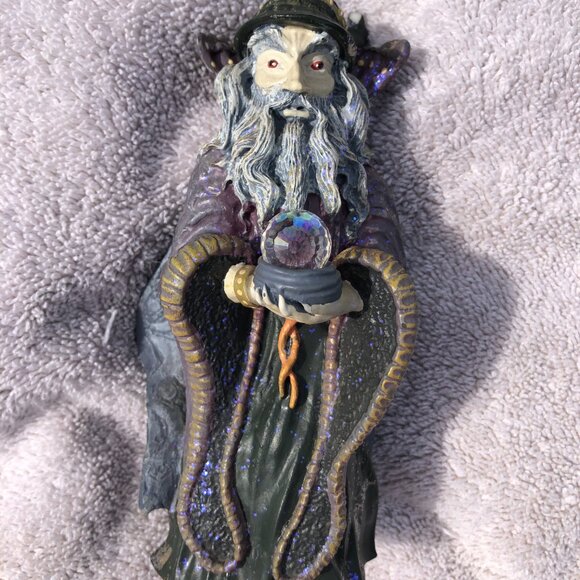 Vintage Spoontiques Wizard With Crystal Ball Orb Red Eyes Metaliic Figurine 6” - Picture 6 of 15